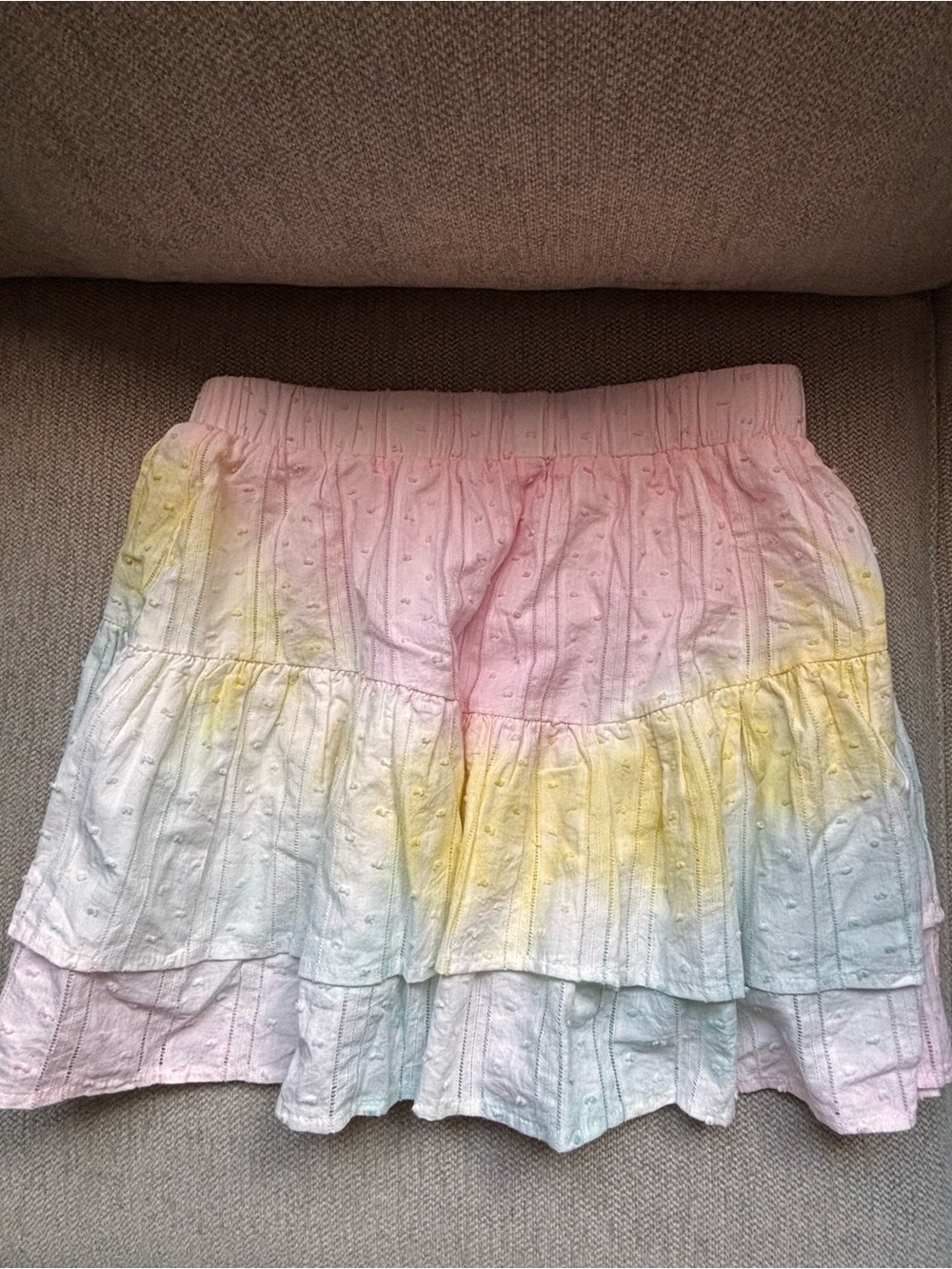 Storia Pastel Tie-Dye Eyelet Tiered Skirt — Pink, Yellow, Pale Blue